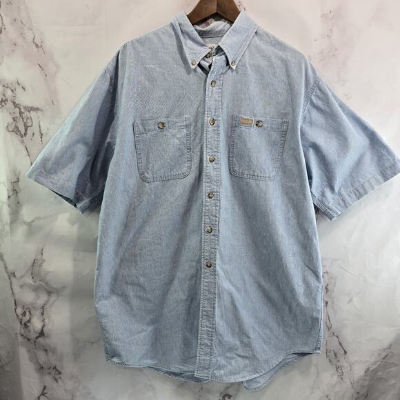 Carhartt Shirt Men Large Short Sleeve Button Up Denim Chambray Jean Collared - Picture 1 of 15
